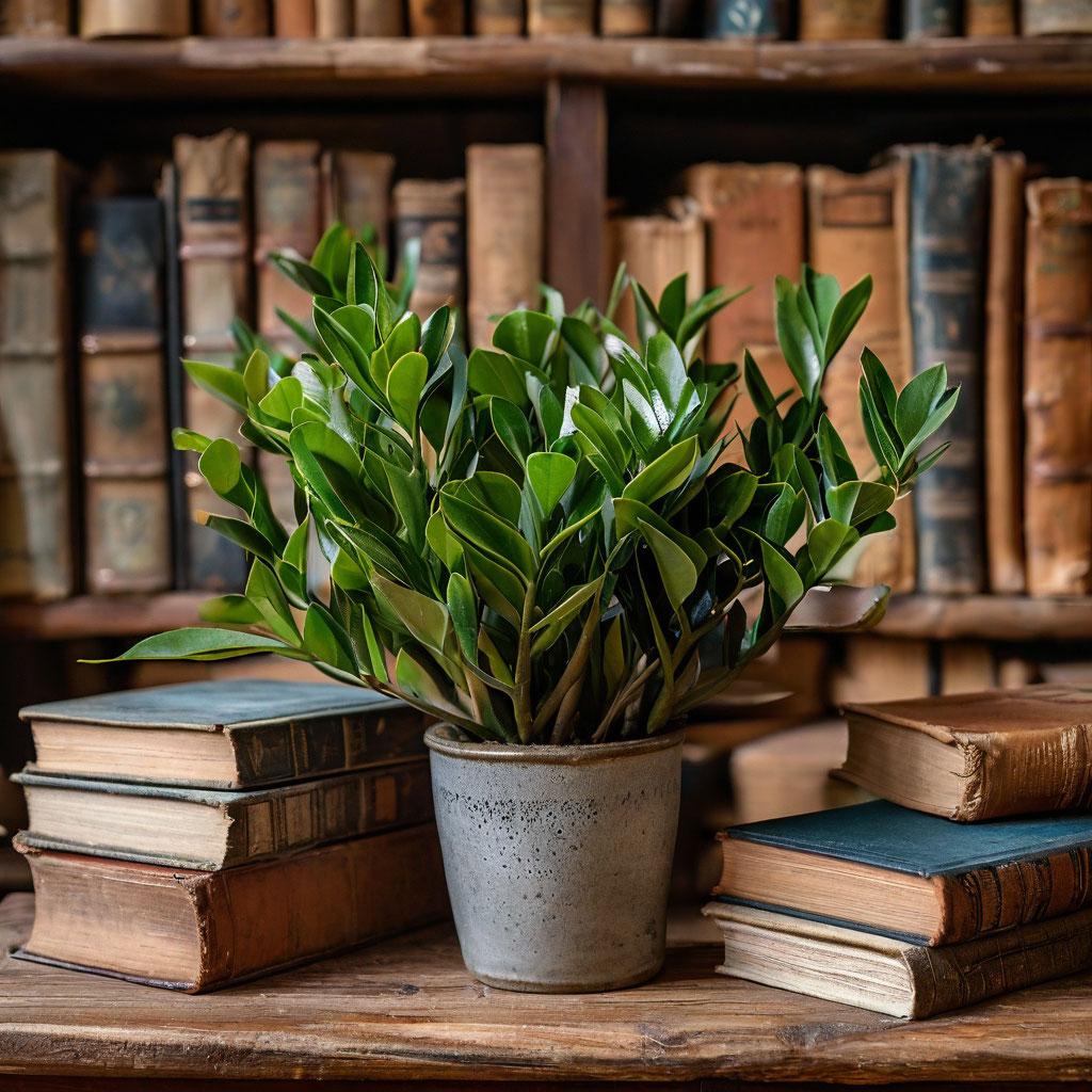 замиокулькас рядом с книгами